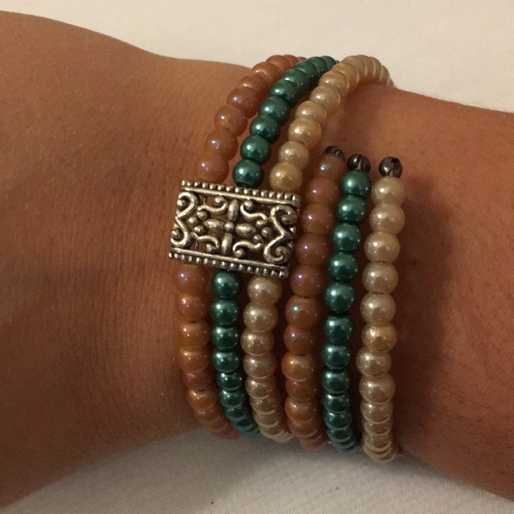 Silver Green Pink and Cream Pearl Wrap Bracelet - Picture 8 of 8
